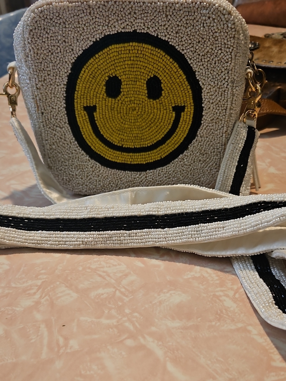 Beaded Smile Crossbody Bag in Cream and Yellow